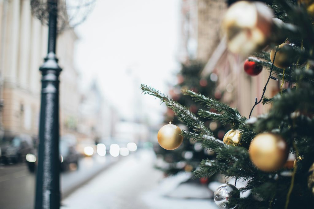 Close-up of a decorated christmas tree at a festive UK market