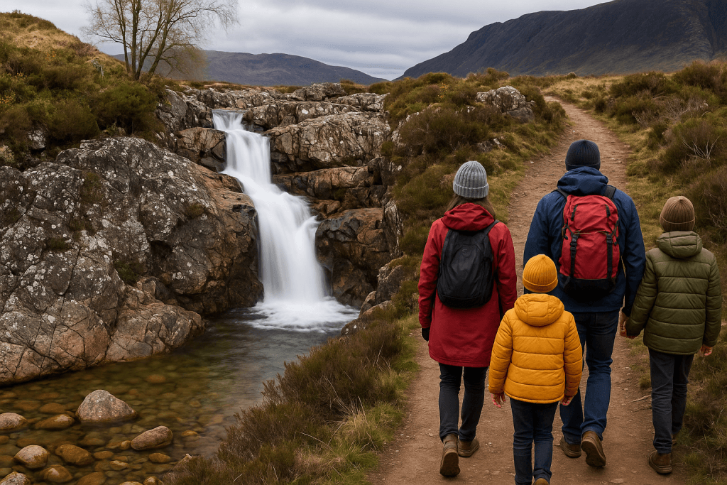 Family walking towards a scenic UK waterfall surrounded by mountains and nature — perfect for a family-friendly outdoor getaway.