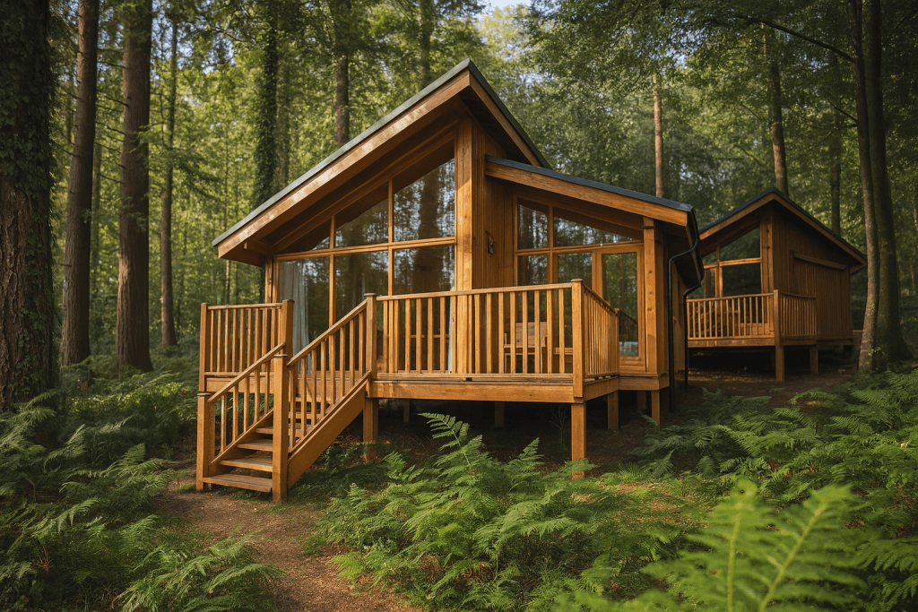 Cosy forest cabins surrounded by lush greenery in a peaceful woodland retreat.