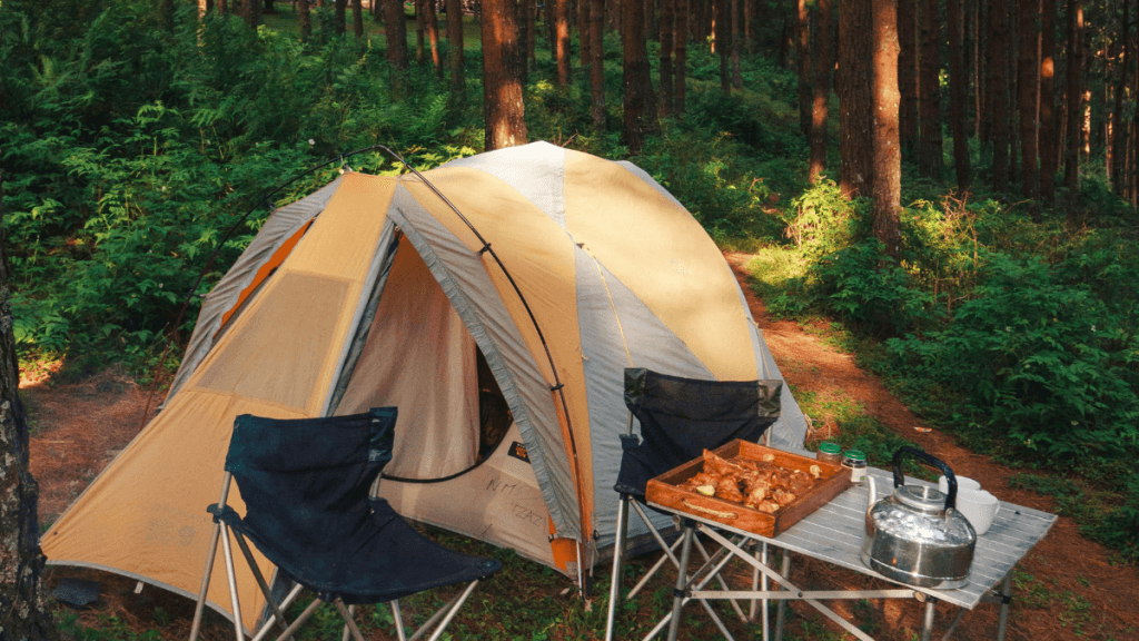 Family campsite in a forest with tent, chairs, and a campfire.