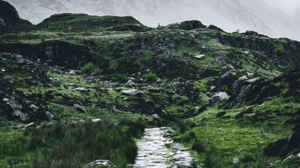 Rocky mountain trail, in UK national park with misty hills and grassy landscape